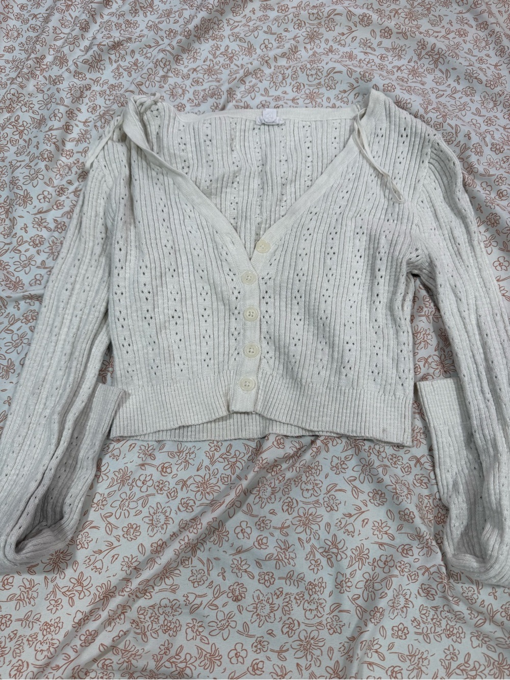 Garage Cream Eyelet Rib Knit Cardigan